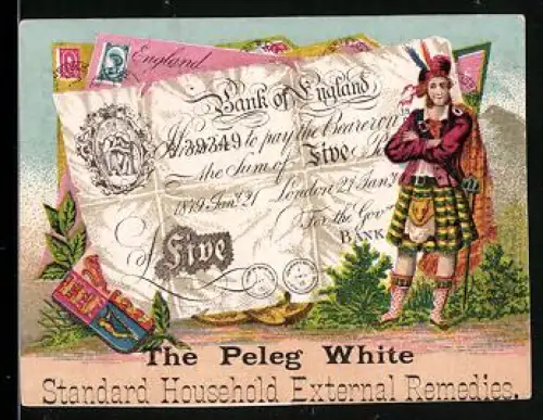 Sammelbild Mann im Kilt neben einem fünf Pfund-Sterling Schein