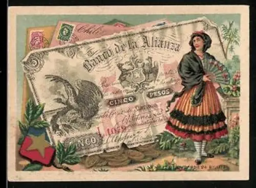 Sammelbild Frau mit Fächer neben einem Pesos-Schein