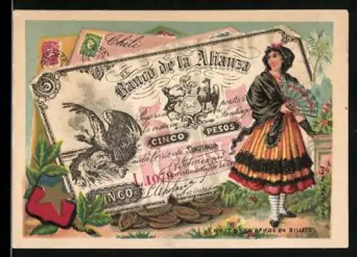 Sammelbild Frau mit Fächer neben einem Pesos-Schein