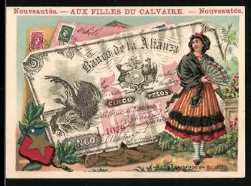 Sammelbild Frau mit Fächer neben einem Pesos-Schein
