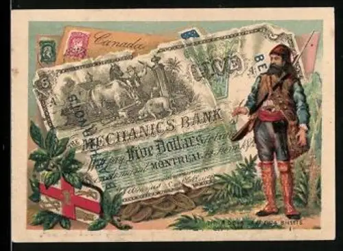 Sammelbild Jäger mit Gewehr neben einem fünf kanadische Dollar-Schein