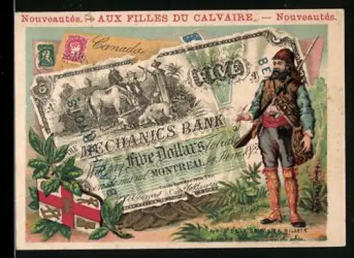 Sammelbild Jäger mit Gewehr neben einem fünf kanadische Dollar-Schein