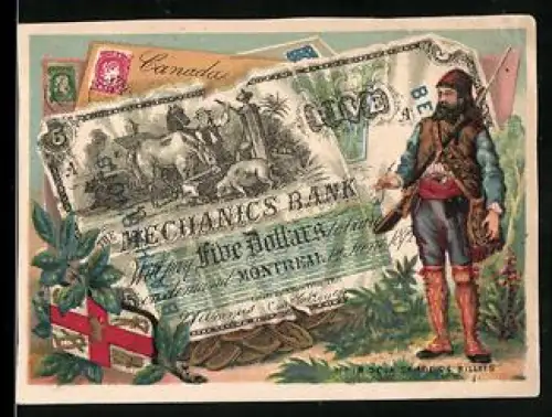Sammelbild Jäger mit Gewehr neben einem fünf kanadische Dollar-Schein