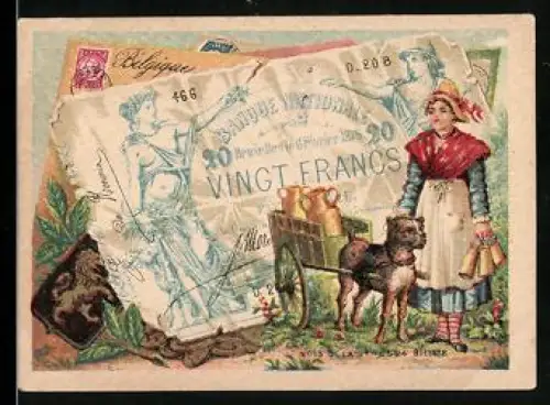 Sammelbild Milchverkäuferin in Tracht mit Hund neben einem zwanzig Francs-Schein
