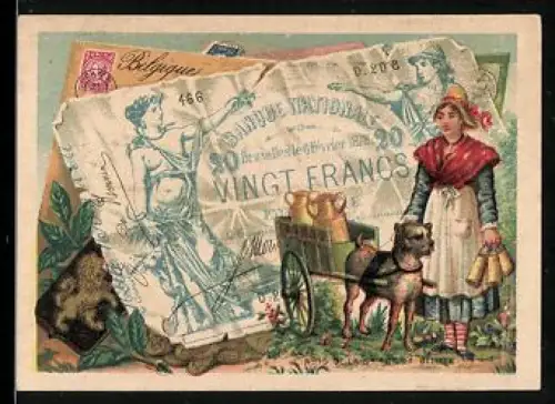 Sammelbild Milchverkäuferin in Tracht mit Hund neben einem zwanzig Francs-Schein