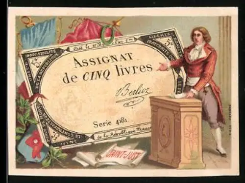 Sammelbild Saint-Just vor einem fünf Livre-Schein