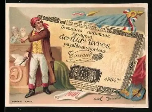 Sammelbild Marat mit Pistole neben einem Livre-Schein