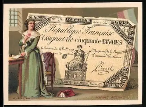 Sammelbild Madame Roland neben einem Livre-Schein