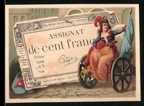 Sammelbild Théroigne de Mericourt auf einer Kanone neben einem Francs-Schein