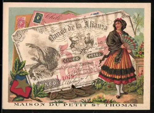 Sammelbild Hübsche Frau mit Fächer neben fünf Pesos-Schein