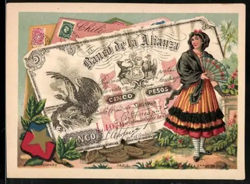 Sammelbild Hübsche Frau mit Fächer neben fünf Pesos-Schein