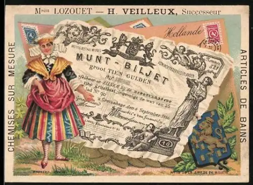 Sammelbild Frau in Tracht neben einem Gulden-Schein