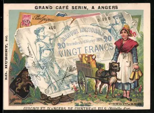 Sammelbild Milchverkäuferin mit Hund neben einem zwanzig Francs-Schein