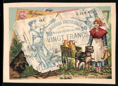 Sammelbild Milchverkäuferin mit Hund neben einem zwanzig Francs-Schein