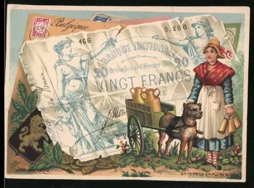 Sammelbild Milchverkäuferin mit Hund neben einem zwanzig Francs-Schein