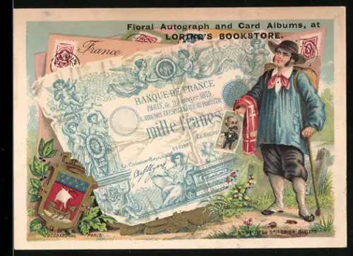 Sammelbild Mann mit Wanderstock und Karikatur neben einem Francs-Schein