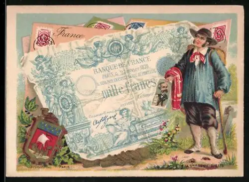 Sammelbild Mann mit Wanderausrüstung und Karikatur neben einem Francs-Schein