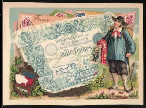 Sammelbild Mann mit Wanderausrüstung und Karikatur neben einem Francs-Schein