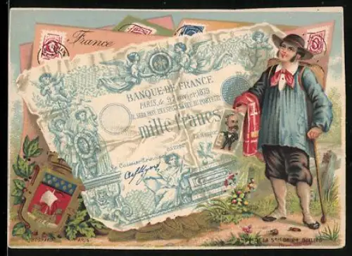 Sammelbild Mann mit Wanderausrüstung und Karikatur neben einem Francs-Schein
