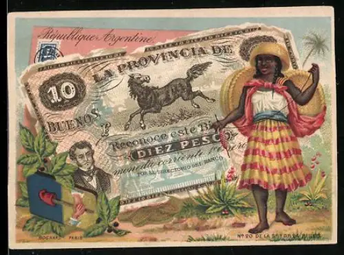 Sammelbild Frau mit Körben auf dem Rücken neben einem zehn Peso-Schein