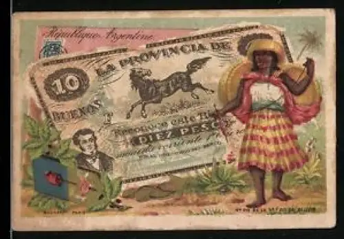 Sammelbild Frau mit Körben auf den Schultern neben einem Pesos-Schein