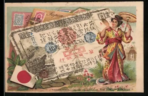 Sammelbild Frau im Kimono neben einem japanischen Geldschein