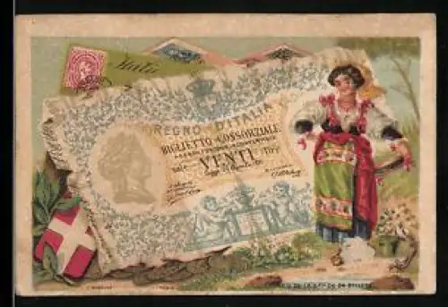 Sammelbild Frau in Tracht neben einem zwanzig Lire-Schein