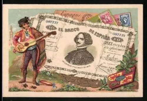 Sammelbild Mann mit Gitarre neben einem Escudo-Schein