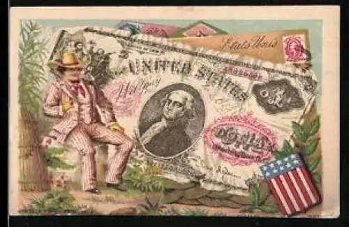 Sammelbild Mann im feinen Anzug neben einem US-Dollar Schein