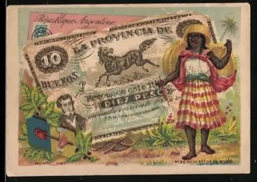 Sammelbild Frau mit Körben auf den Rücken neben einem Pesos-Schein