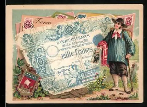Sammelbild Mann mit Wanderstock und Karikatur neben einem Francs-Schein