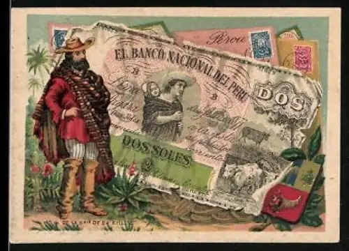 Sammelbild Mann im Poncho neben einem peruanischen Geldschein