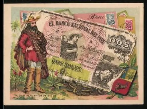 Sammelbild Mann im Poncho neben einem peruanischen Geldschein