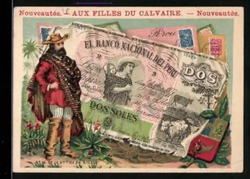 Sammelbild Mann im Poncho neben einem peruanischen Geldschein