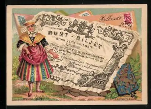 Sammelbild Frau in Tracht neben einem Gulden-Schein