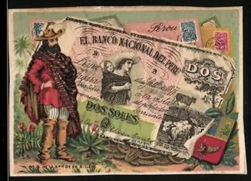 Sammelbild Mann im Poncho neben einem peruanischen Geldschein