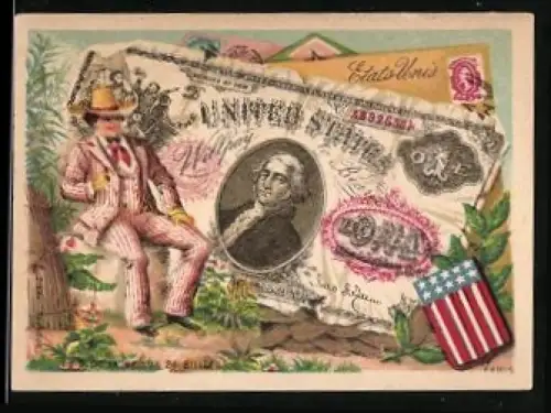 Sammelbild Mann im feinen Anzug neben einem US-Dollar Schein