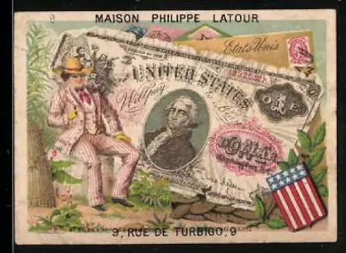 Sammelbild Mann im feinen Anzug neben einem US-Dollar Schein