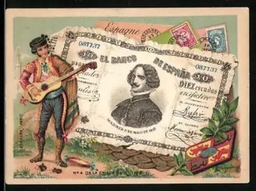 Sammelbild Mann mit Gitarre neben einem spanischen Escudo-Schein