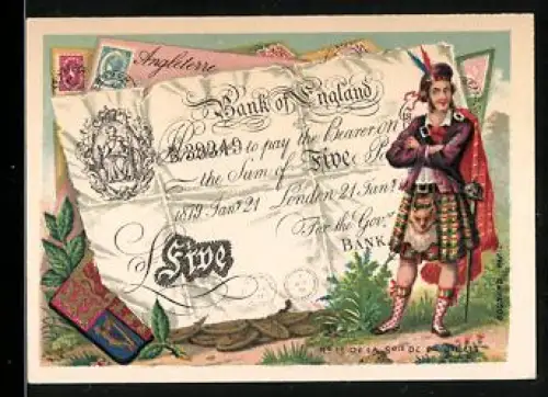 Sammelbild Mann im Kilt neben einem fünf Pfund Sterling-Schein