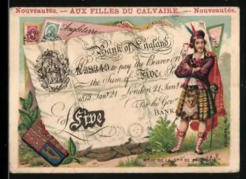 Sammelbild Mann im Kilt neben einem fünf Pfund Sterling-Schein