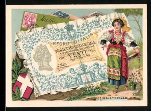 Sammelbild Frau in Tracht neben einem zwanzig Lire-Schein