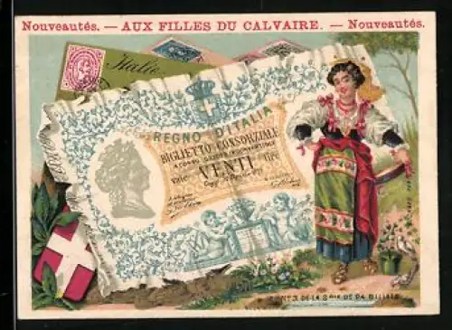 Sammelbild Frau in Tracht neben einem zwanzig Lire-Schein