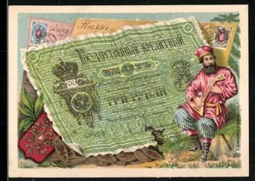 Sammelbild Vechot, Chemiserie de l`Eldorado, Russicher Geldschein und Mann in Tracht