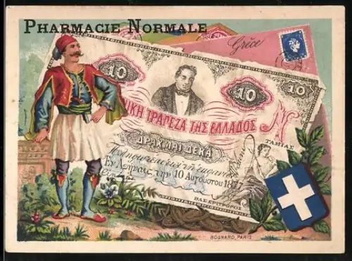 Sammelbild Pharmacie Normale, Griechischer Geldschein und Mann in Tracht