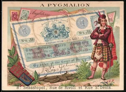 Sammelbild Paris, Pygmalion, Rue de Rivoli, Britischer Geldschein 1 Pfund, Schotte in Tracht