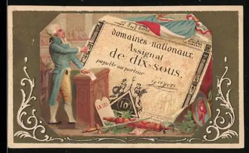 Sammelbild Geldschein 10 Sous, Mann an einem Podest