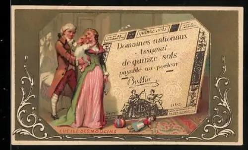 Sammelbild Geldschein 15 sols, Elegantes Paar mit Baby