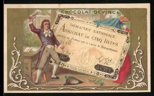 Sammelbild Paris, Chocolat Devinck, Rue St-Honoré 175, Geldschein 5 Livres