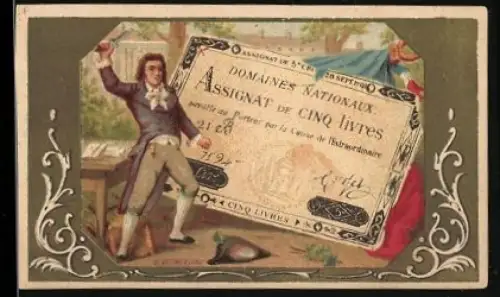 Sammelbild Geldschein 5 Livre, Mann mit Pistole